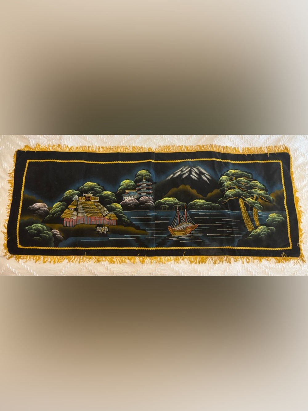 Vtg Velvet Wall Hanging Table Runner Japan Pagoda Black/Yellow Fringe 47”x18”